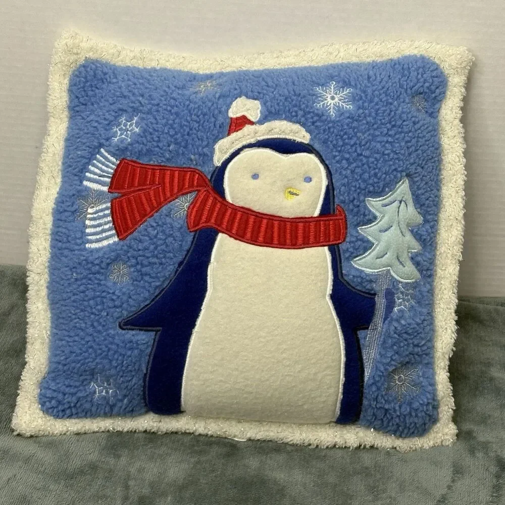 Christmas Penguin Throw Pillow Sparkly Snow